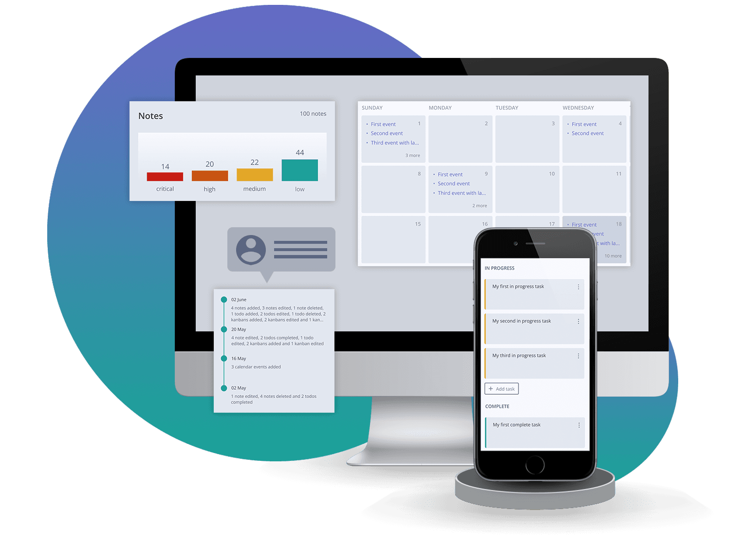 Mnemo on desktop and mobile: notes chart, calendar and kanban board